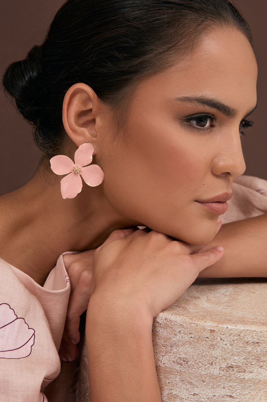 Enamel Painted Floral Earrings - Pink