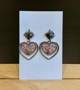 Pink Strawflower Heart Earrings- 09