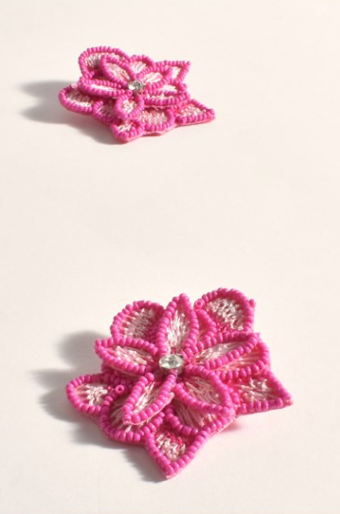 Layered Hand Stitched Flower Earrings (Pink)