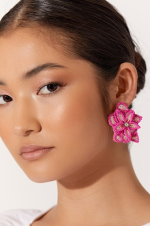 Layered Hand Stitched Flower Earrings (Pink)