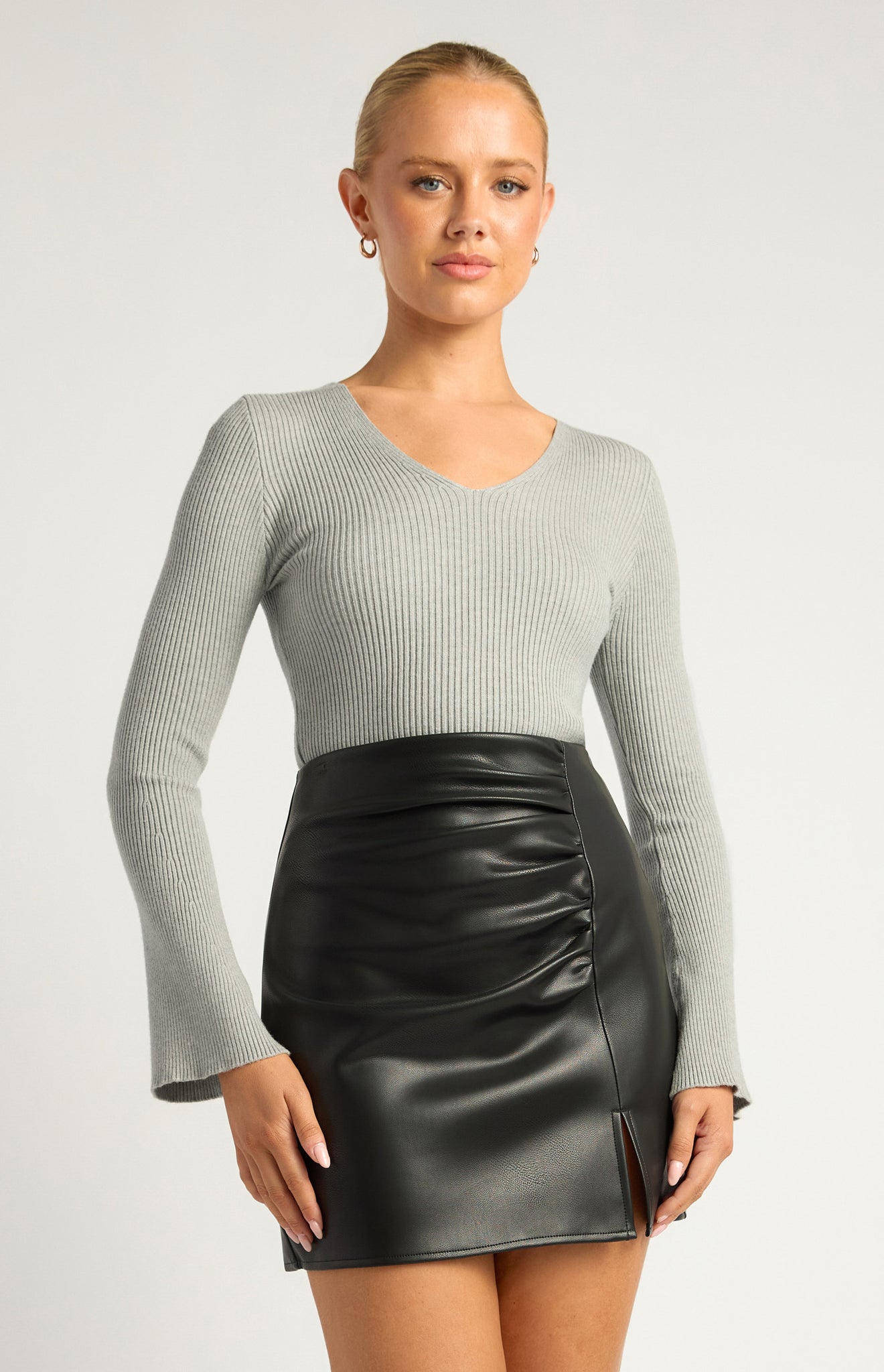 V Neckline Flare Sleeves Knit