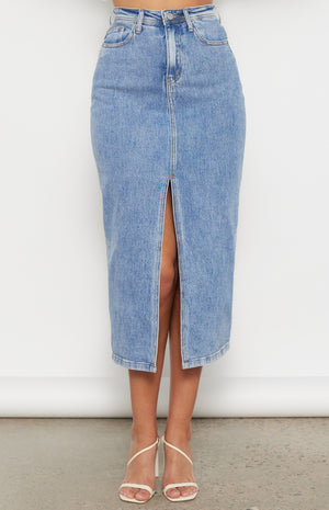 High Waisted Denim Maxi Skirt with Centre Split