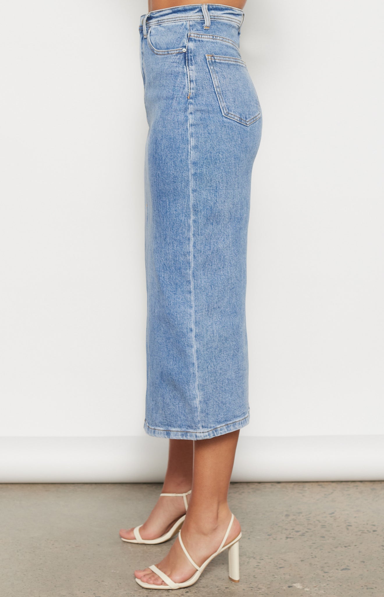 High Waisted Denim Maxi Skirt with Centre Split