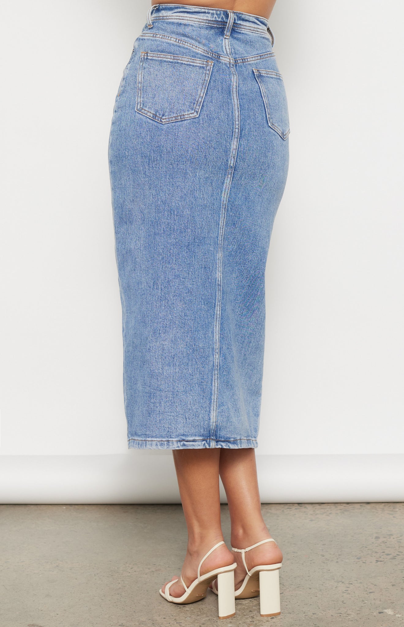 High Waisted Denim Maxi Skirt with Centre Split