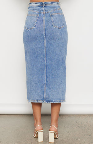 High Waisted Denim Maxi Skirt with Centre Split