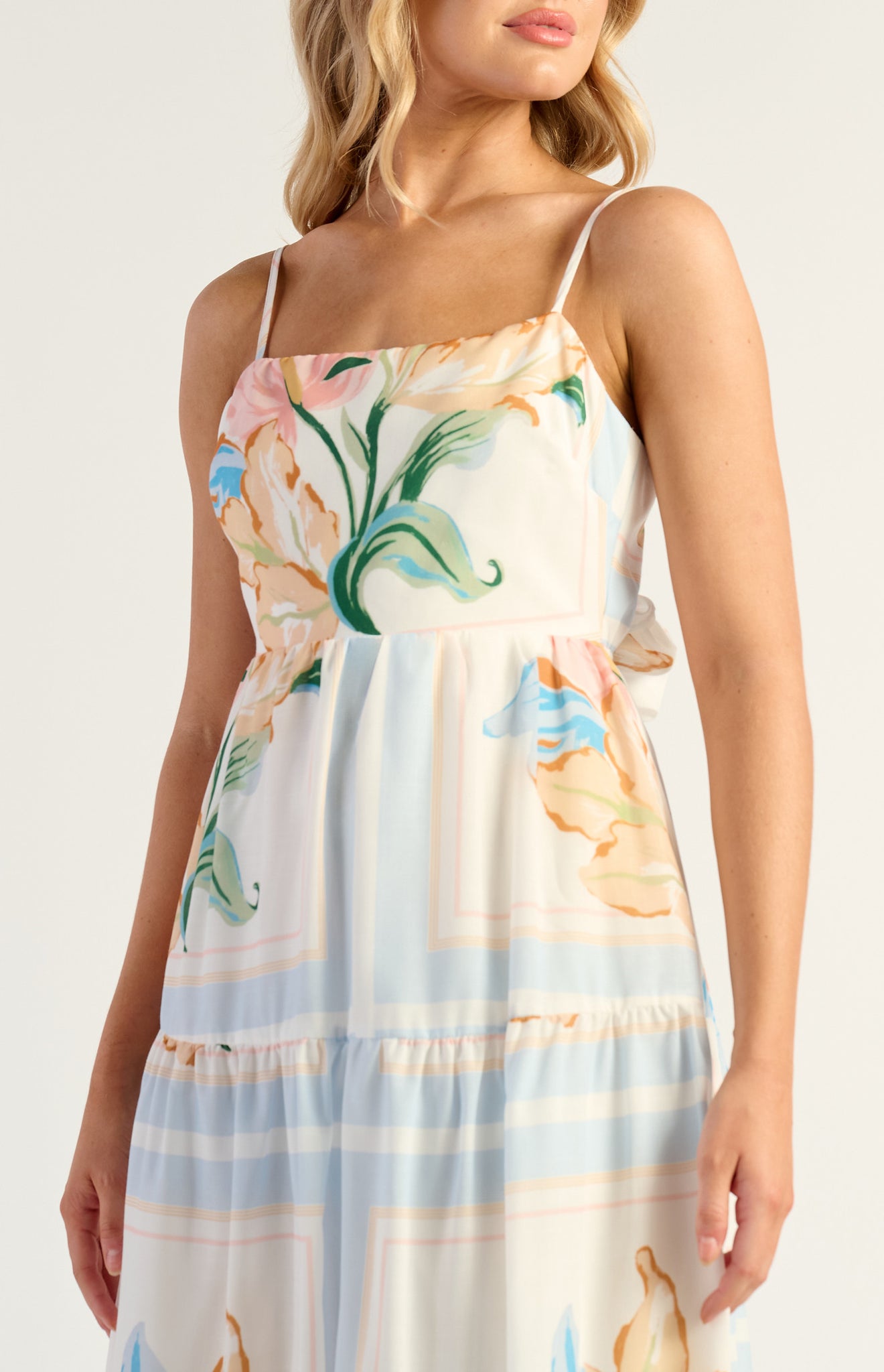 Floral Tiered Midi Dress With Tie Back Detail - Floral