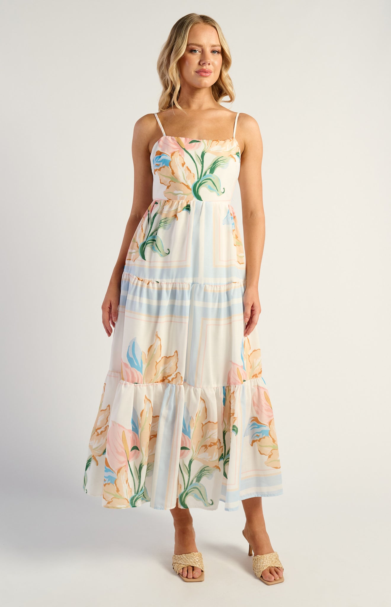 Floral Tiered Midi Dress With Tie Back Detail - Floral