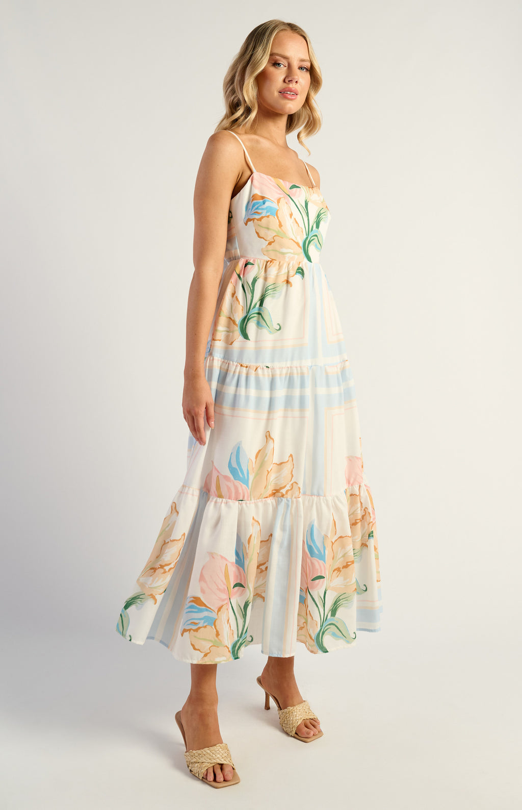 Floral Tiered Midi Dress With Tie Back Detail - Floral
