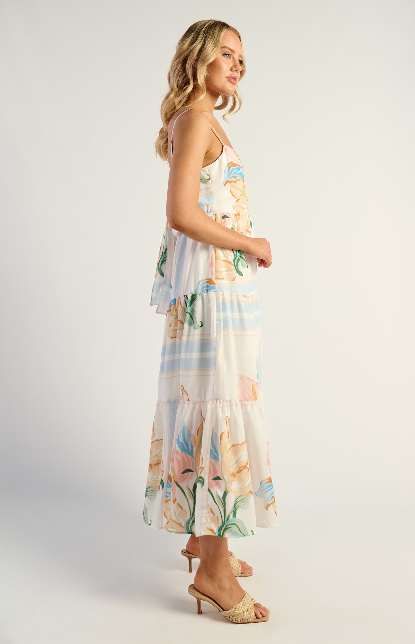 Floral Tiered Midi Dress With Tie Back Detail - Floral