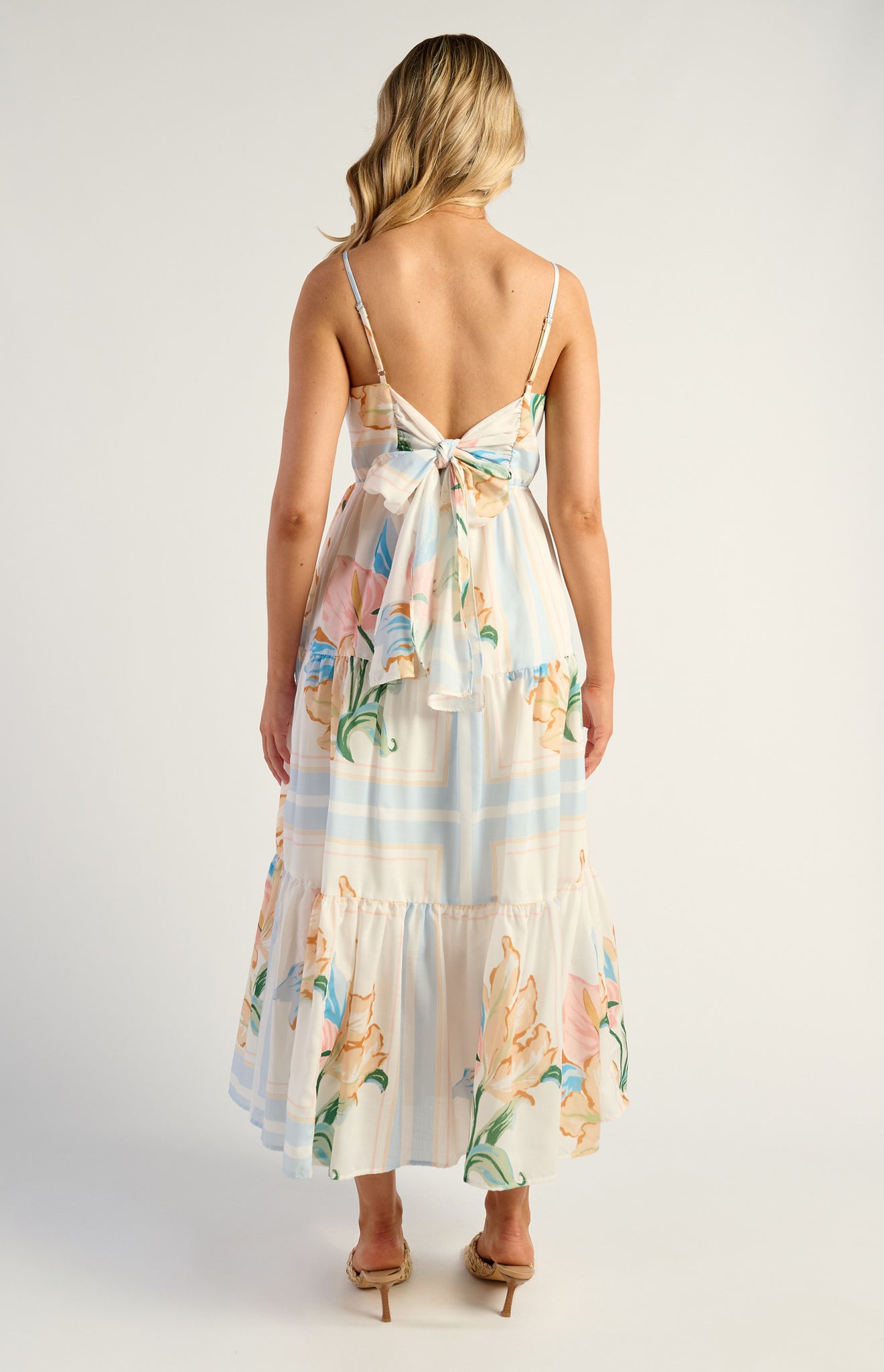 Floral Tiered Midi Dress With Tie Back Detail - Floral