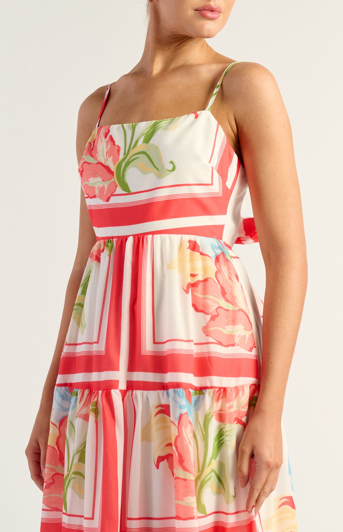 Floral Tiered Midi Dress With Tie Back Detail - Watermelon