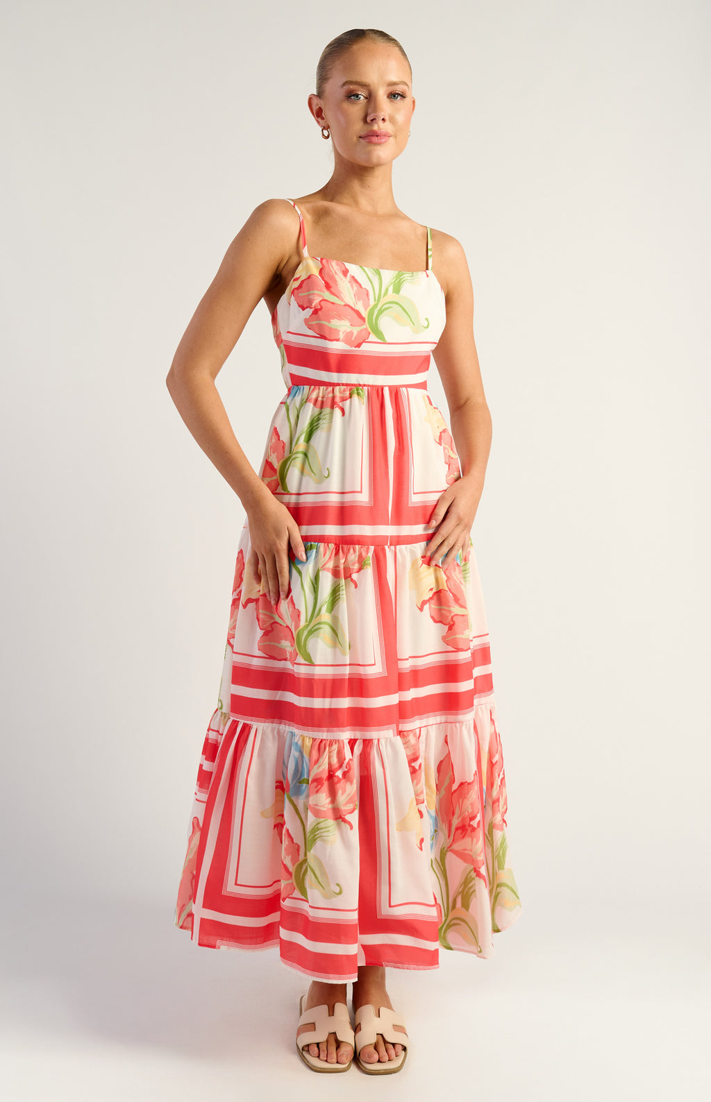 Floral Tiered Midi Dress With Tie Back Detail - Watermelon