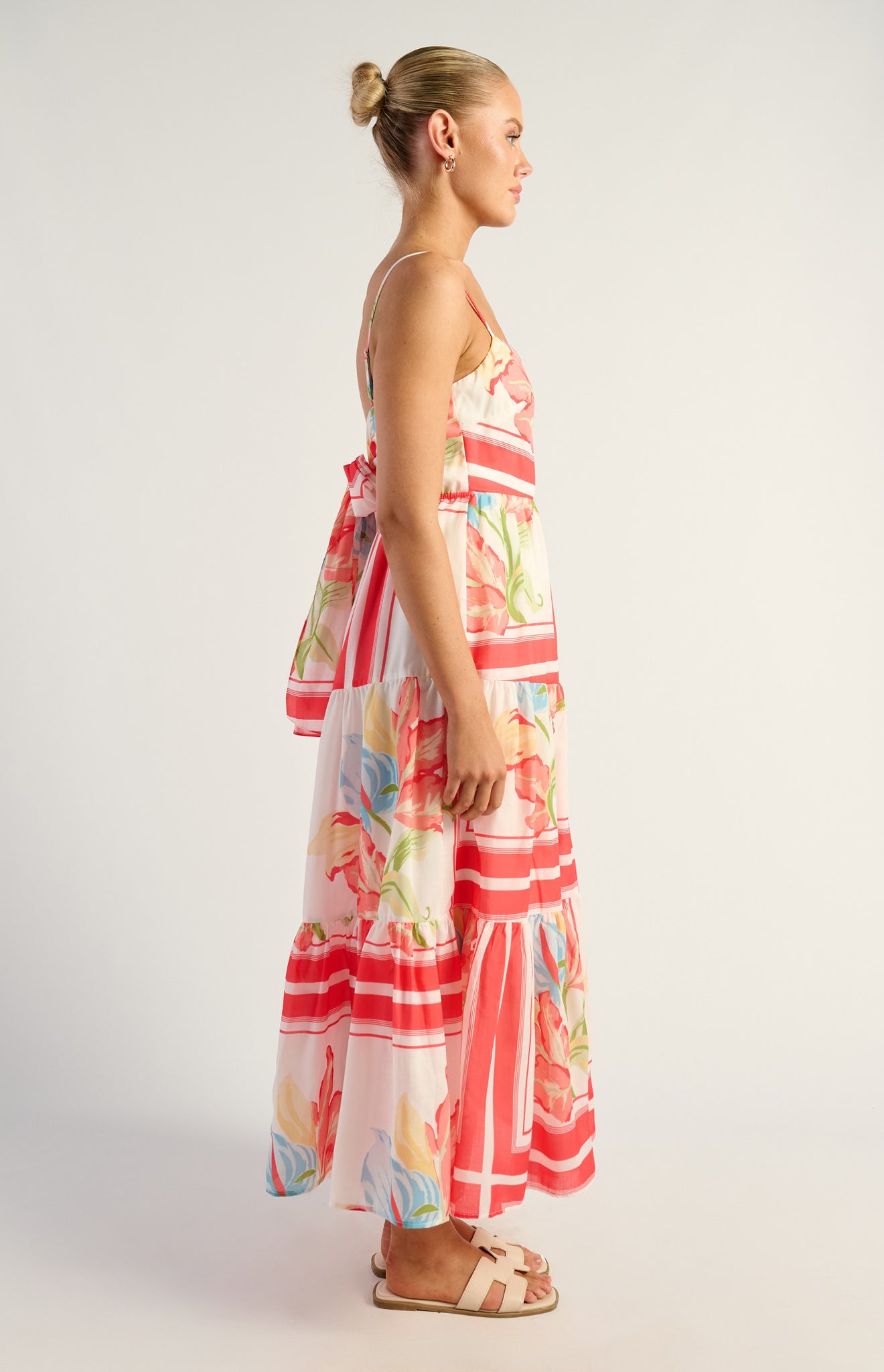 Floral Tiered Midi Dress With Tie Back Detail - Watermelon