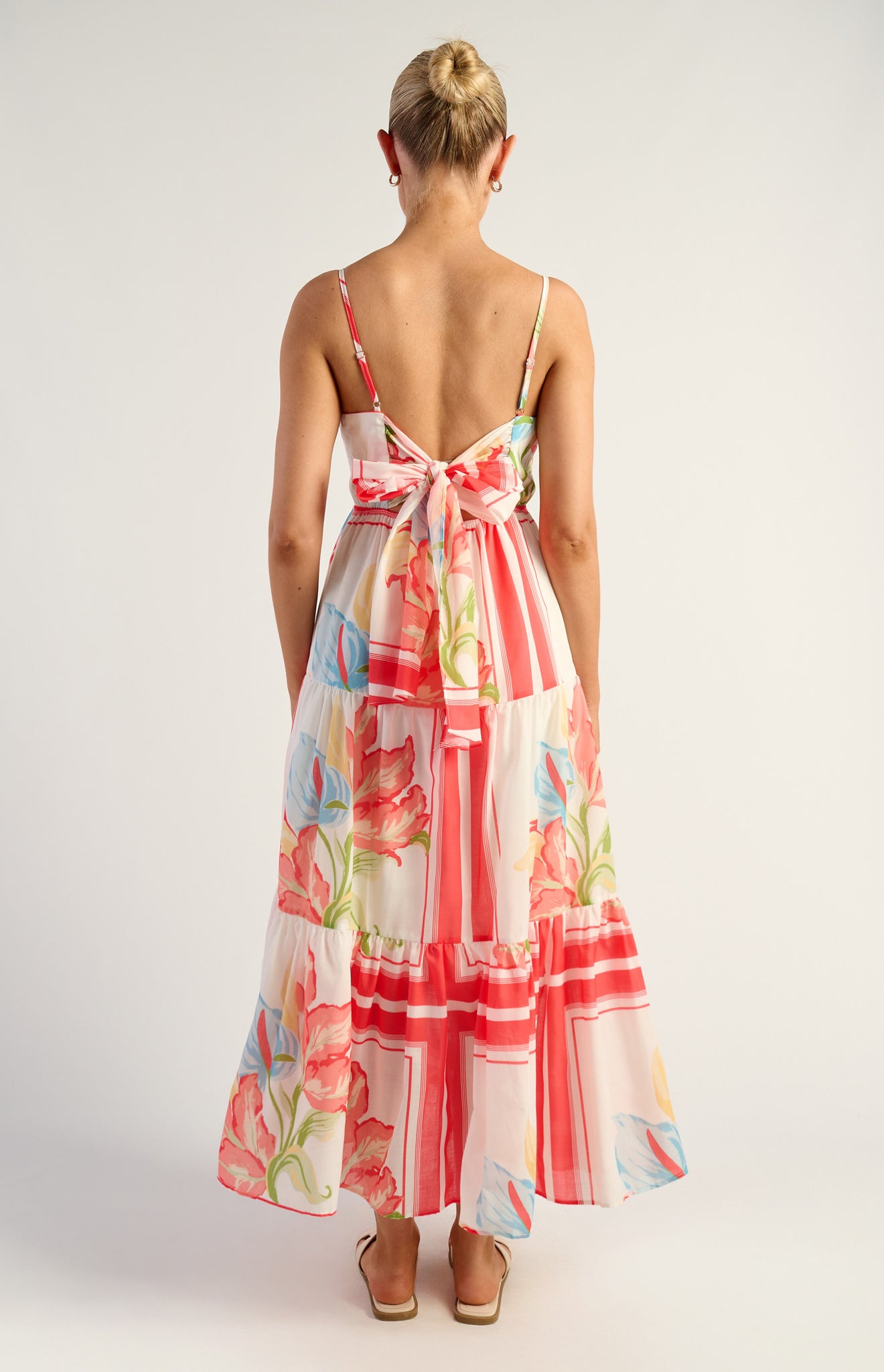 Floral Tiered Midi Dress With Tie Back Detail - Watermelon