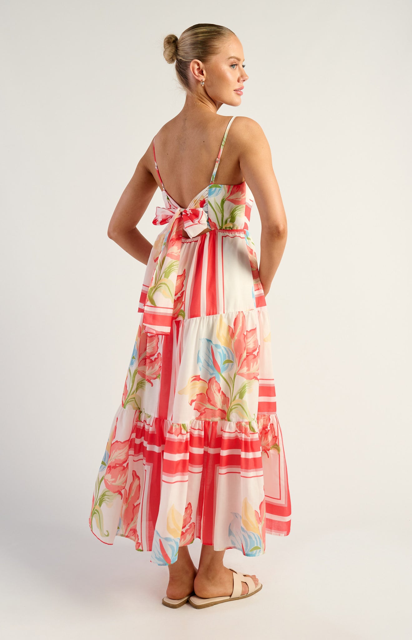 Floral Tiered Midi Dress With Tie Back Detail - Watermelon