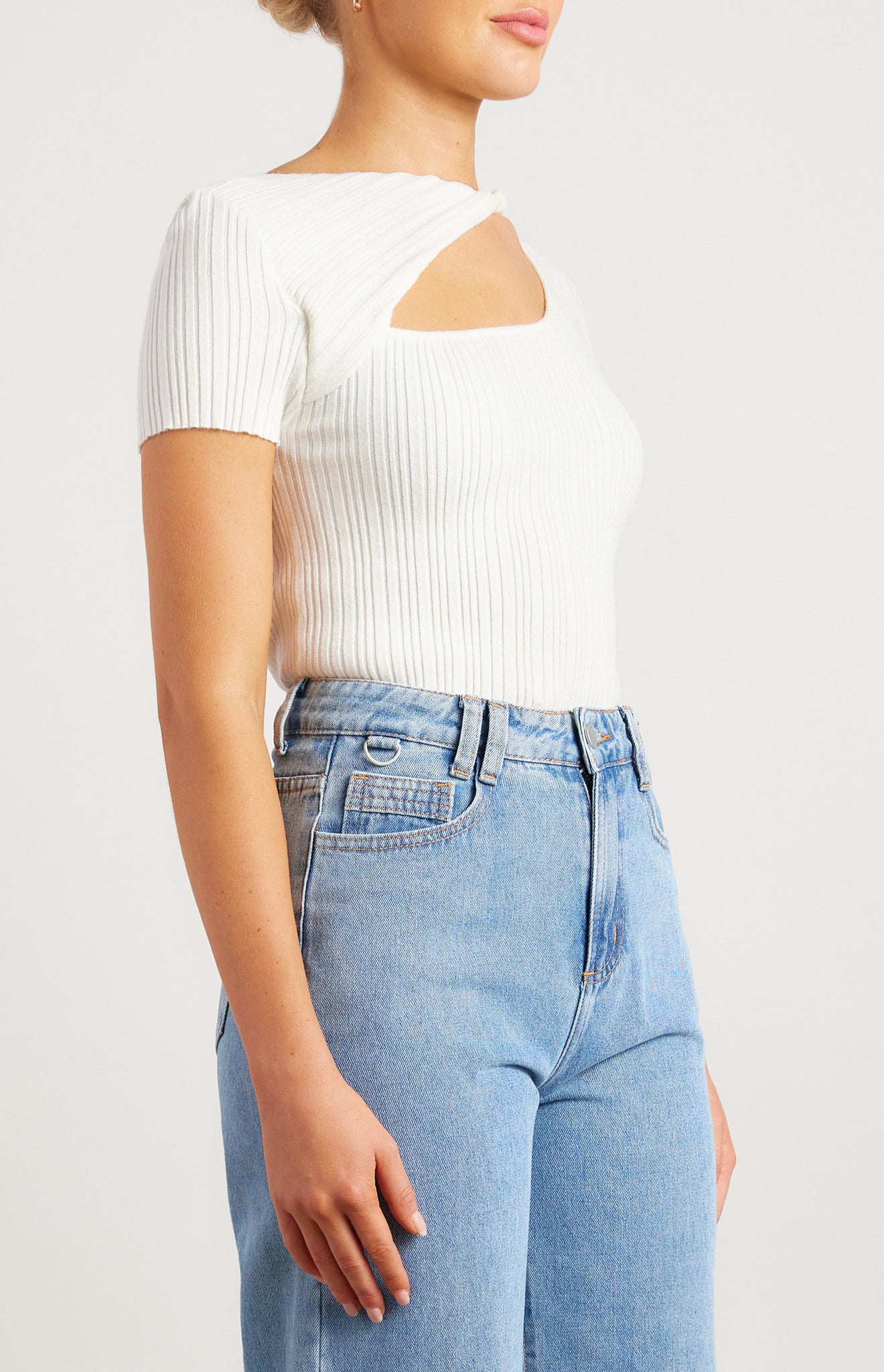 White Short Sleeve Twist Neckline Cut Out Detail Knit Top