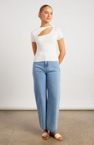 White Short Sleeve Twist Neckline Cut Out Detail Knit Top