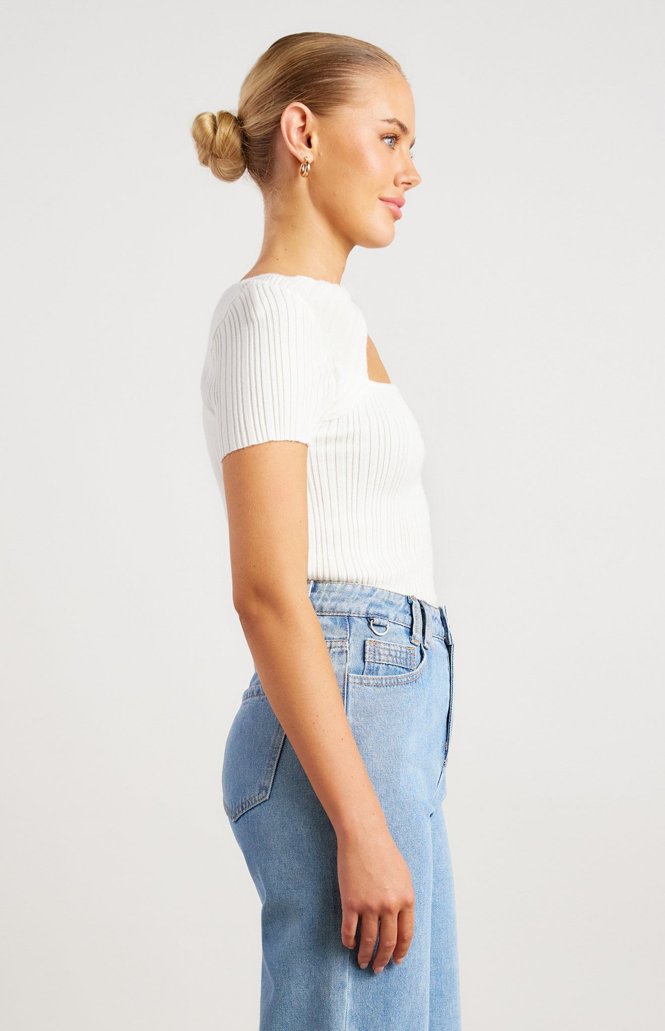 White Short Sleeve Twist Neckline Cut Out Detail Knit Top