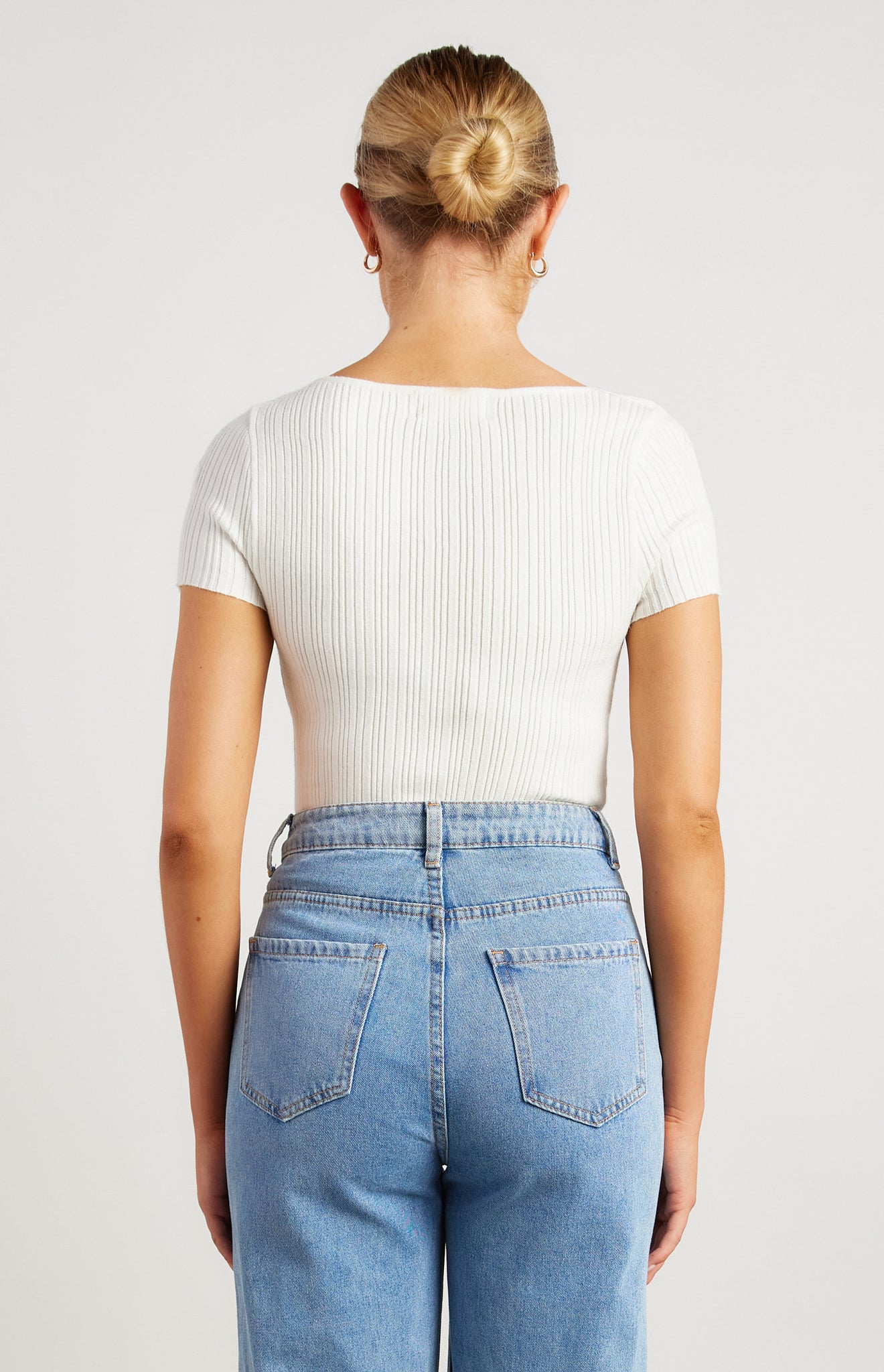 White Short Sleeve Twist Neckline Cut Out Detail Knit Top