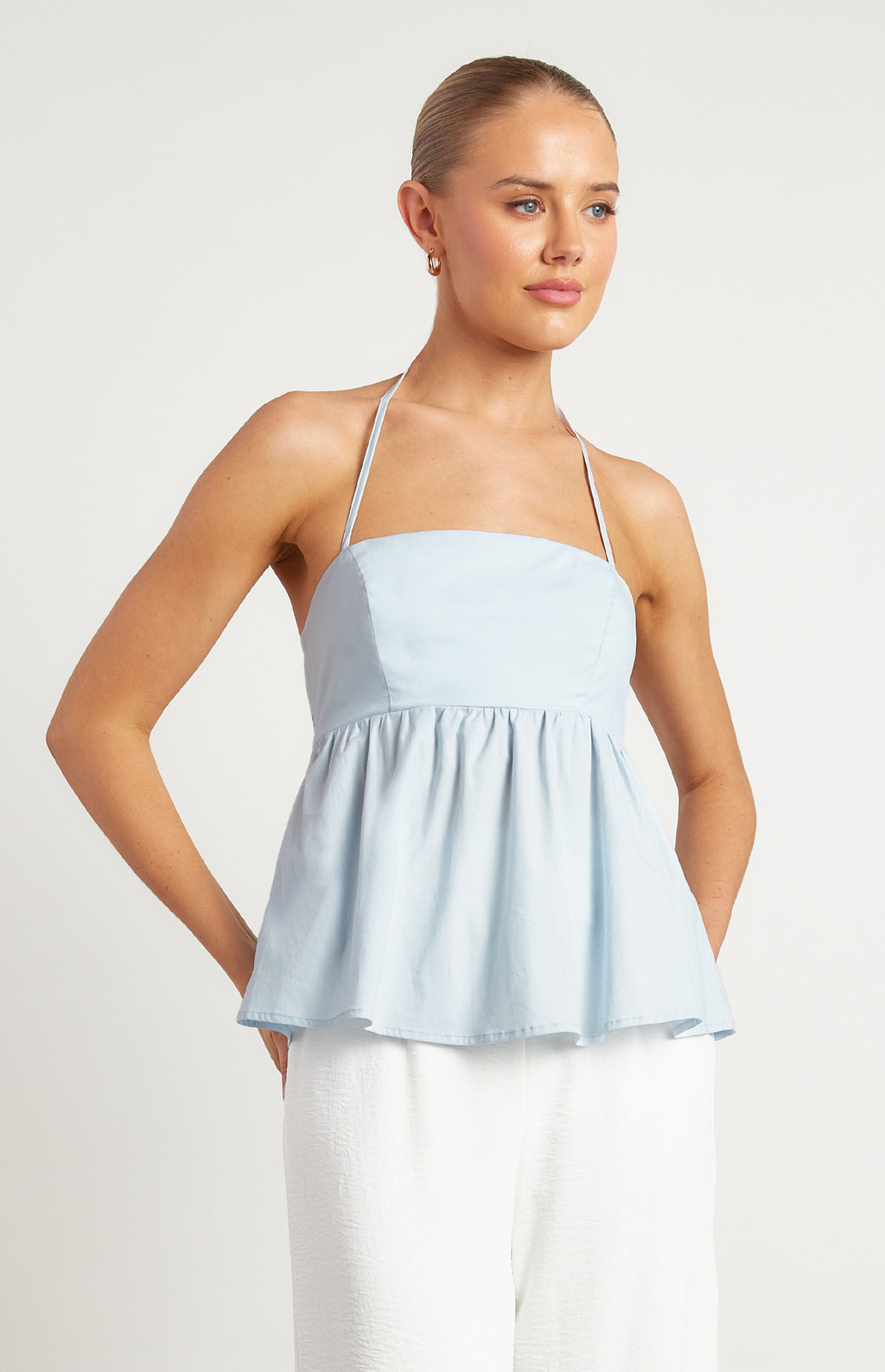 Cotton Blend Halter Neckline Baby Doll Top - Pale Blue