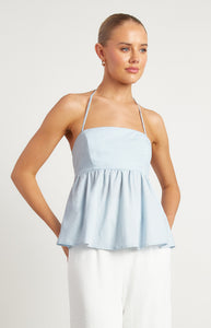 Cotton Blend Halter Neckline Baby Doll Top - Pale Blue