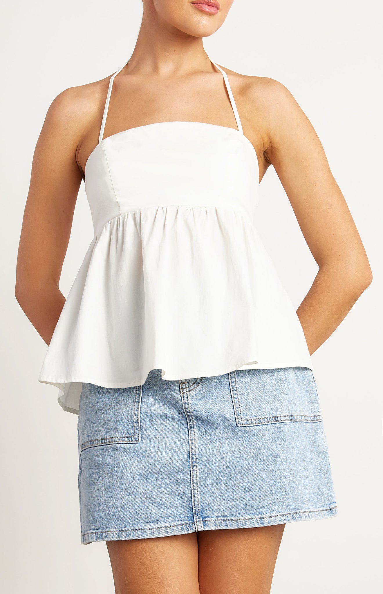 Cotton Blend Halter Neckline Baby Doll Top - White