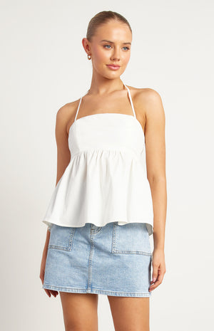 Cotton Blend Halter Neckline Baby Doll Top - White