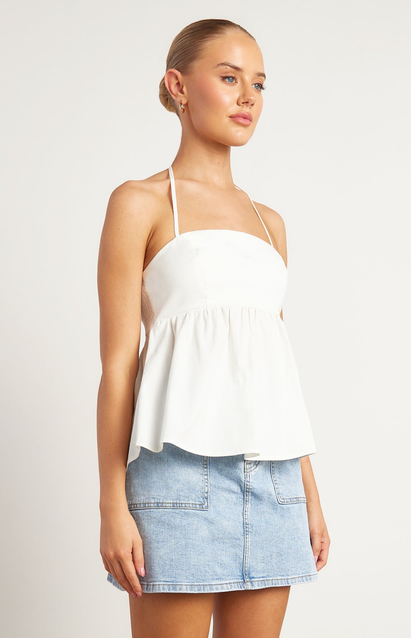 Cotton Blend Halter Neckline Baby Doll Top - White