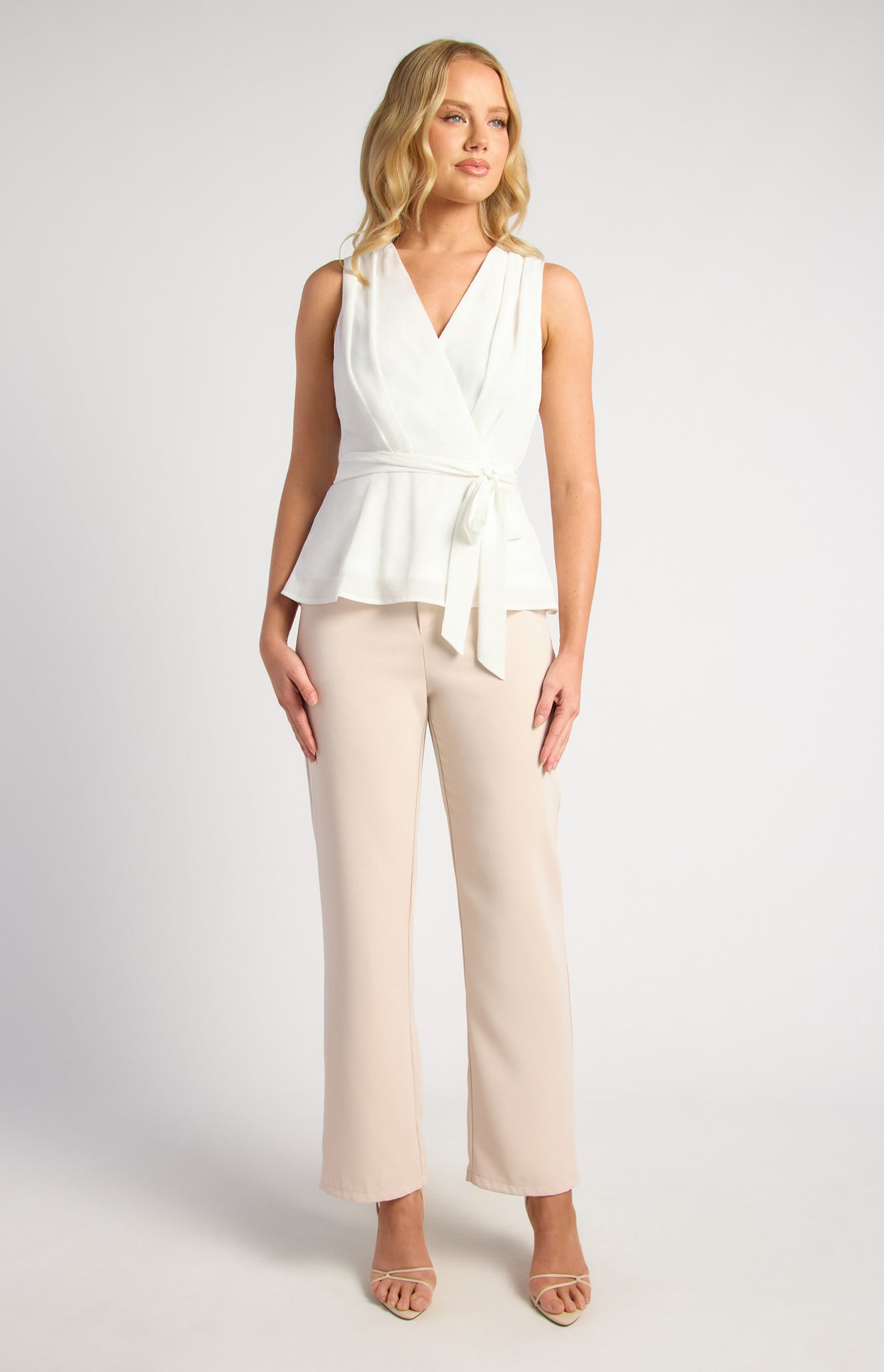 V Neckline Pleated Detail Chiffon Top - White